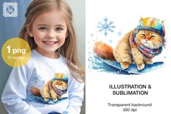 Cat Snowboarder Watercolor clipart, print design PNG Product Image 1