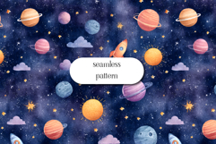 Watercolor Space Seamless Pattern Rocket Planets Stars Product Image 1