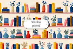 Cozy Bookshelf Seamless Pattern with Plants and Books Product Image 1