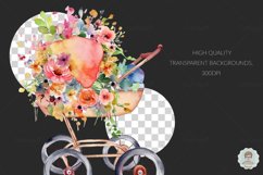 Watercolor Baby Stroller Spring Flowers Clipart Sublimation Product Image 3