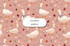 Cute Duck Strawberry Seamless Pattern Floral Meadow Art Product Image 1