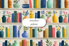 Cozy Bookshelf Seamless Pattern with Plants and Books Product Image 1