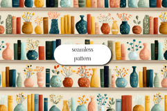 Cozy Bookshelf Seamless Pattern with Plants and Books Product Image 1