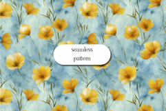 Yellow Floral Seamless Pattern Blue Watercolor Background Product Image 1