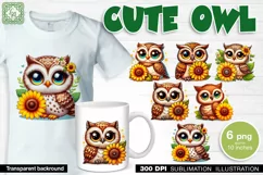 Cute Owl & Sunflowers. Sublimation design PNG Product Image 1