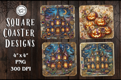 Haunted House Stained Glass Coaster Design, 4 PNG Product Image 1