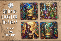 Halloween Witch Stained Glass Coaster Design, 4 PNG Product Image 1