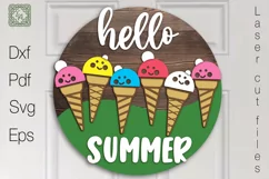 Hello Summer Round Sign. Ice Cream Door Hanger. SVG Product Image 1
