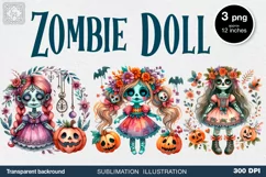 Watercolor Halloween Zombie Doll. PNG sublimation Product Image 1
