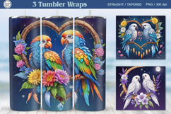 3 Cute Parrots Tumbler Sublimation, 20 oz Tumbler Wrap Product Image 1