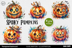 Watercolor Spooky Pumpkin PNG sublimation Product Image 1