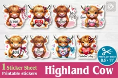 Cute Highland Cow. Valentines Print & Cut Stickers PNG Product Image 1