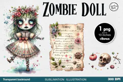 Watercolor Halloween Zombie Doll. PNG sublimation Product Image 1