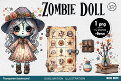 Watercolor Halloween Zombie Doll. PNG sublimation Product Image 1