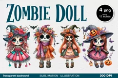 Watercolor Halloween Zombie Doll. PNG sublimation Product Image 1