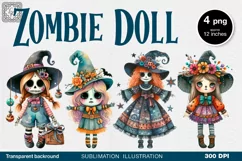 Watercolor Halloween Zombie Doll. PNG sublimation Product Image 1