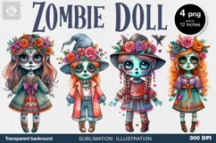 Watercolor Halloween Zombie Doll. PNG sublimation Product Image 1