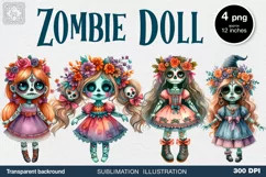 Watercolor Halloween Zombie Doll. PNG sublimation Product Image 1