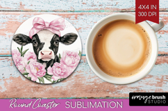 Cow Flowers Round Coaster Cute Farm Coaster PNG Sublimation Product Image 1