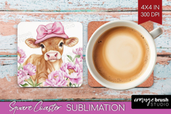 Cow Flowers Square Coaster Cute Farm Coaster PNG Sublimation Product Image 1