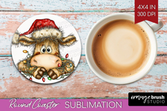 Cow Tangled In Christmas Lights Round Coaster Funny Xmas PNG Product Image 1