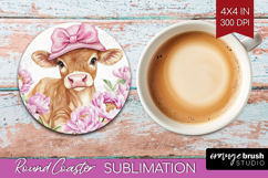 Cow Flowers Round Coaster Cute Farm Coaster PNG Sublimation Product Image 1