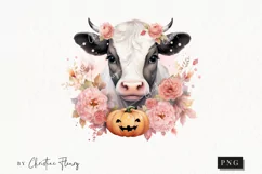 Pastel Pink Watercolor Floral Cow Clipart | Watercolor PNG Product Image 1