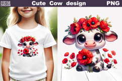 Cute Cow Poppy Clipart | Baby Calf Floral Sublimation Product Image 1