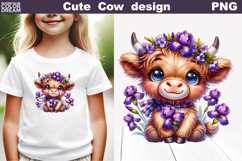 Highland Cow Iris Clipart | Baby Cow Floral Sublimation Product Image 1