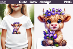 Highland Cow Iris Clipart | Baby Cow Floral Sublimation Product Image 1