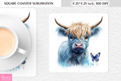 Watercolor Blue Highland Cow|Cow Square Coaster Product Image 1