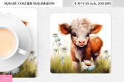 Watercolor Baby Cow|Daisy Flower Square Coaster Product Image 1