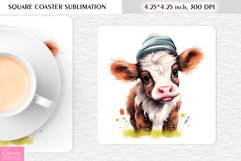 Watercolor Baby Cow Wearing Hat|Cow Square Coaster Product Image 1