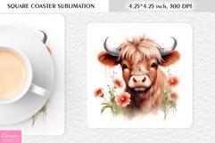 Watercolor Floral Higland Cow|Cow Square Coaster Product Image 1