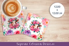 Watercolor funny Cow peonies - Cow Coaster Product Image 1