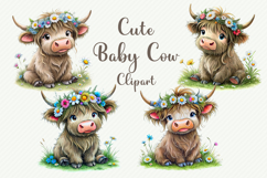 Watercolor Cute Baby Cow Clipart | 4 Sublimation designs Product Image 1