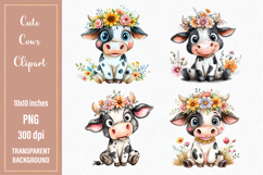 Watercolor Cute Baby Cow Clipart | 4 Sublimation designs Product Image 1