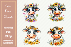 Watercolor Cute Cow Clipart | 4 Sublimation designs Product Image 1