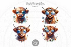 Hippie Highland Cow wearing glasses, beads and flowers PNG file. Digital Download