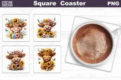 Highland Cow Sunflowers Square Coaster | Cute Cow Coaster Product Image 1
