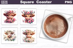 Highland Cow Roses Square Coaster | Cute Cow Coaster Product Image 1