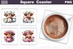Highland Cow Peonies Square Coaster | Cute Cow Coaster Product Image 1
