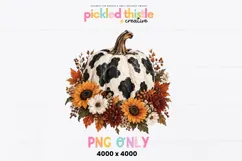 Floral pumpkin PNG combining a bold cowhide pattern with warm autumn botanicals in orange, rust, cream, burgundy and earthy green, finished with visible painterly texture.
