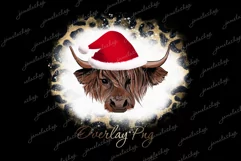 Christmas Highland cow with Santa hat bleach & cheetah PNG Product Image 1