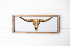 High resolution floral longhorn skull PNG design with detailed painted flowers in muted boho tones, isolated on white background for use in sublimation, shirts, stickers, and western decor prints.