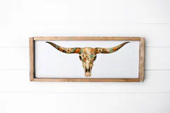 High resolution floral longhorn skull PNG design with detailed painted flowers in muted boho tones, isolated on white background for use in sublimation, shirts, stickers, and western decor prints.
