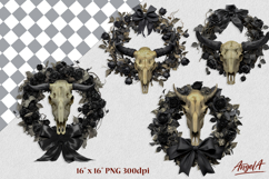 Gothic floral wreath clipart, cow skull wreath, black bow Product Image 1