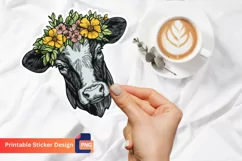 Cow With Flowers Sticker, Farm Animal With Flowers Sticker Product Image 1