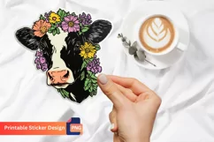 Cow With Flowers Sticker, Farm Animal With Flowers Sticker Product Image 1