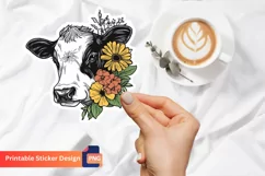 Cow With Flowers Sticker, Farm Animal With Flowers Sticker Product Image 1